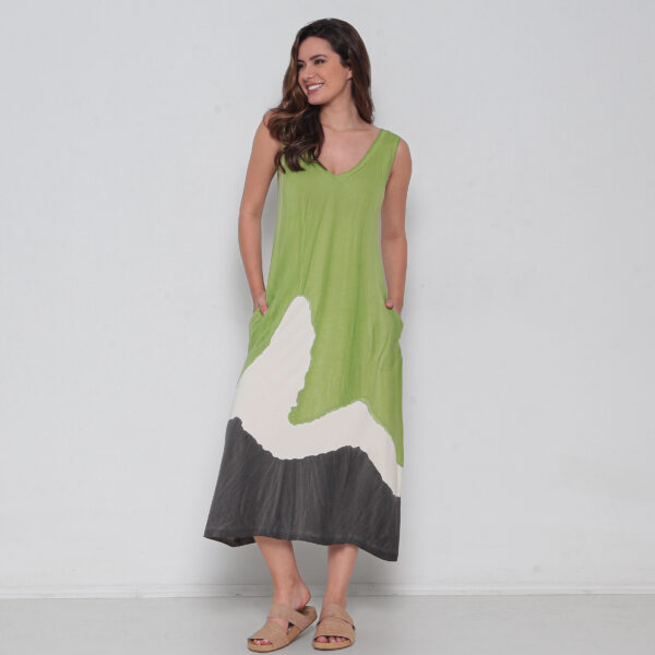 Vestido Em Malha Estampado Sem Mangas Com Bolsos - Verde - Imagem 1