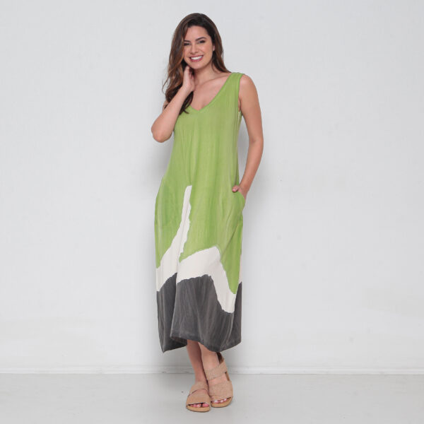 Vestido Em Malha Estampado Sem Mangas Com Bolsos - Verde - Imagem 2