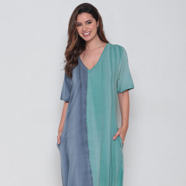 Vestido Em Malha Estampado Decote V Com Bolsos E Mangas Curtas - Bicolor - Imagem 3