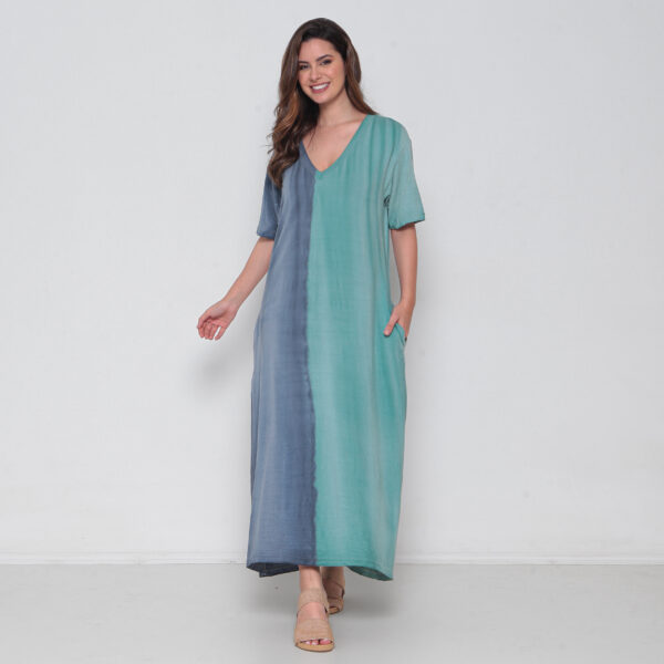 Vestido Em Malha Estampado Decote V Com Bolsos E Mangas Curtas - Bicolor - Imagem 1