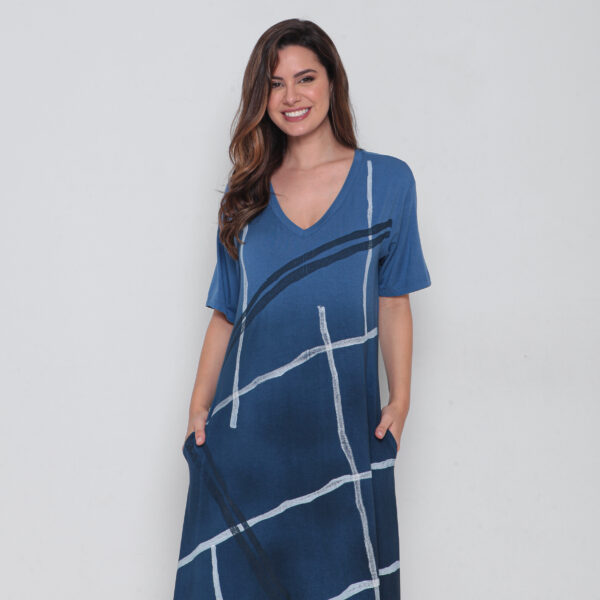 Vestido Em Malha Estampado Decote V Com Bolsos - Azul - Imagem 3