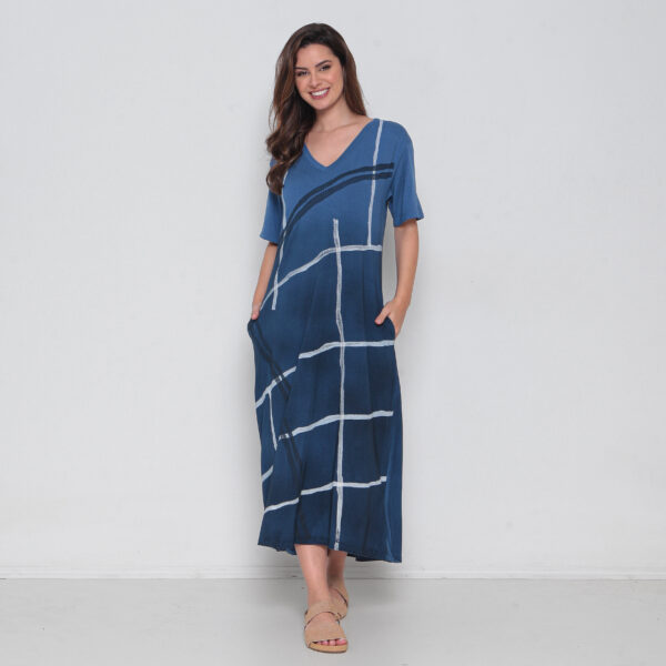 Vestido Em Malha Estampado Decote V Com Bolsos - Azul - Imagem 1