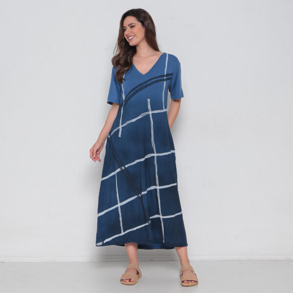 Vestido Em Malha Estampado Decote V Com Bolsos - Azul - Imagem 4