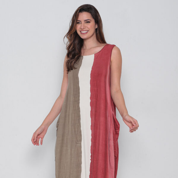 Vestido Em Malha Estampado Com Bolsos Sem Mangas - Bicolor - Imagem 3