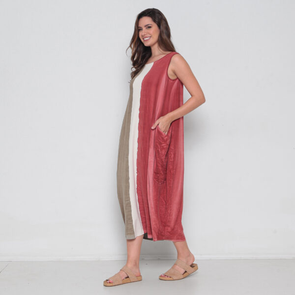 Vestido Em Malha Estampado Com Bolsos Sem Mangas - Bicolor - Imagem 2