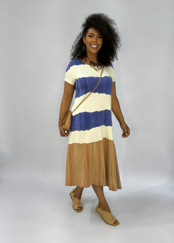 Vestido Em Malha Estampado Com Bolsos E Mangas Curtas - Areia - Imagem 1