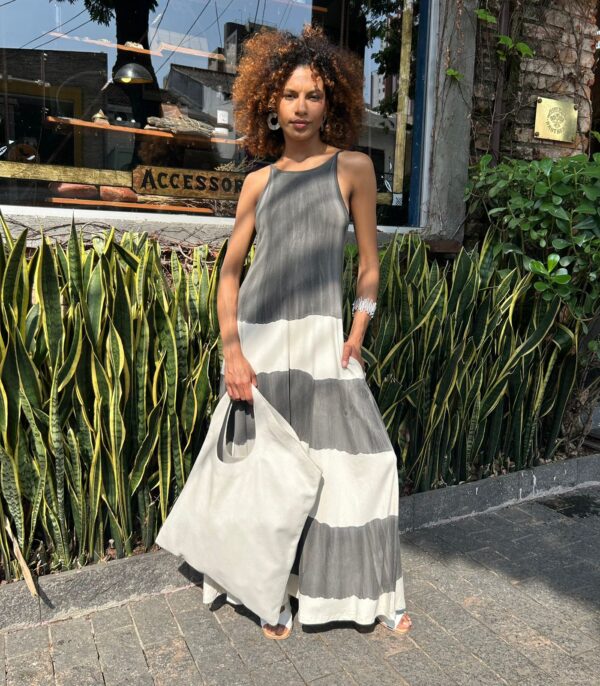 Vestido Em Malha Estampado De Alcinha Com Bolsos - Listrado - Imagem 1