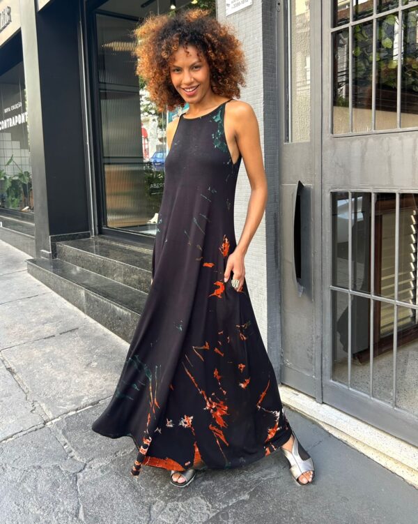 Vestido Em Malha Estampado De Alcinha Com Bolsos - Preto - Imagem 2
