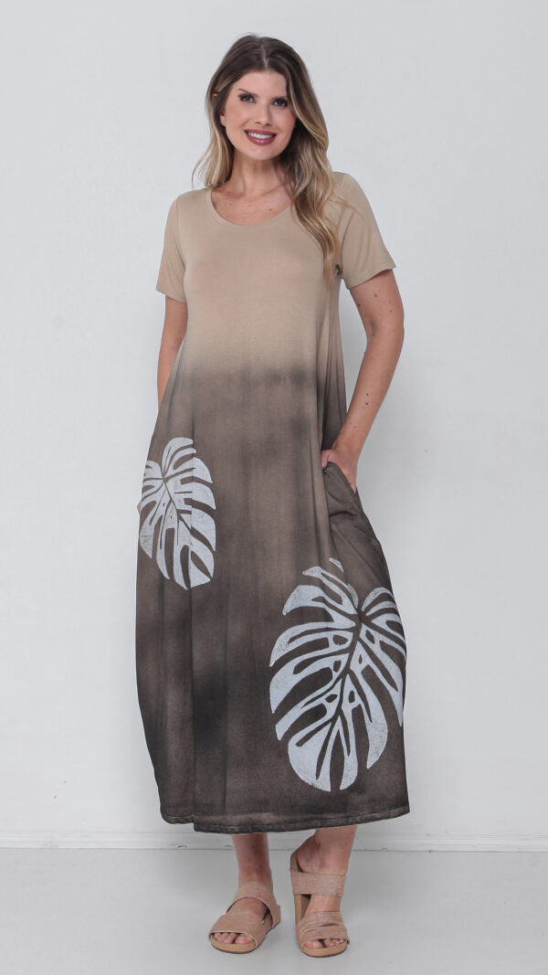 Vestido Em Malha Estampado Com Bolsos E Mangas Curtas - Bege