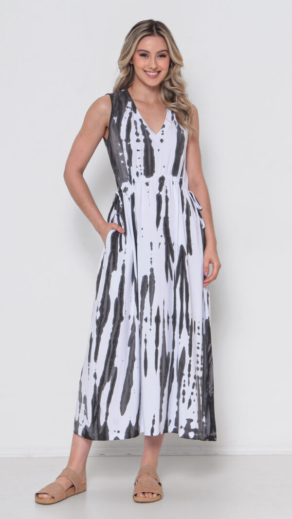 Vestido Em Malha Estampado Regata Decote V Com Bolsos - Branco