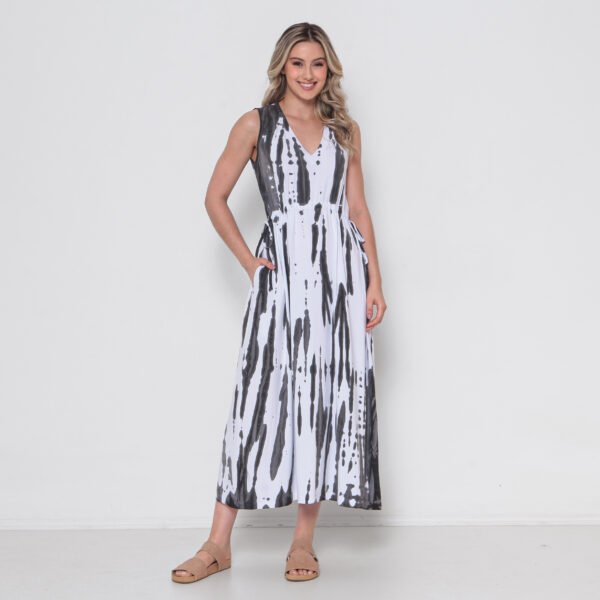 Vestido Em Malha Estampado Regata Decote V Com Bolsos - Branco - Imagem 1