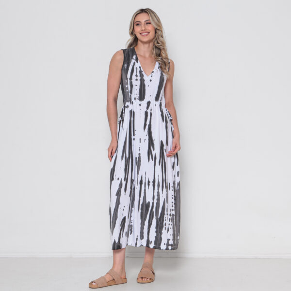 Vestido Em Malha Estampado Regata Decote V Com Bolsos - Branco - Imagem 2
