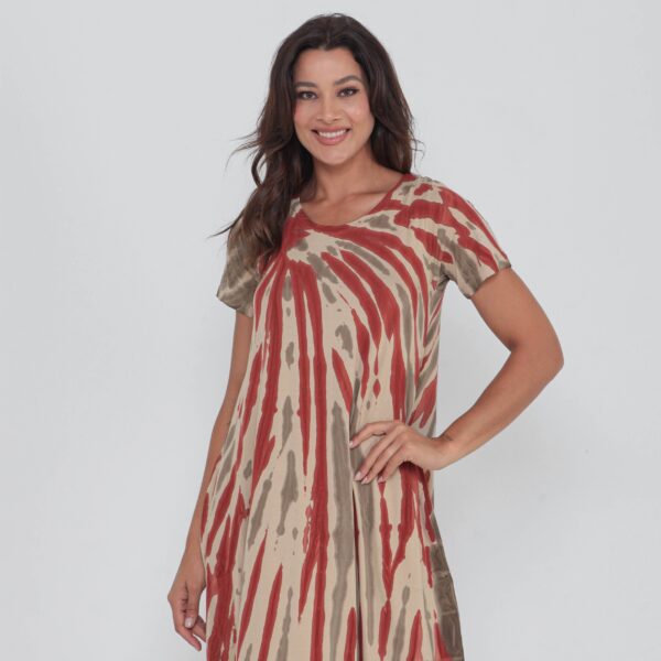 Vestido Em Malha Estampado De Mangas Curtas Com Bolsos - Bege - Imagem 3