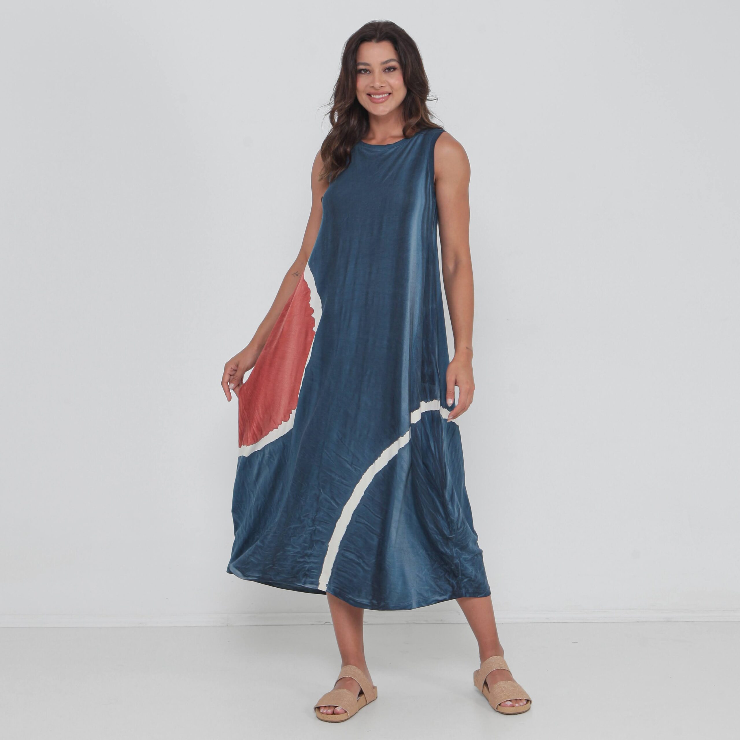 jzn (22) Vestido Em Malha Estampado Sem Mangas Com Bolsos - Bicolor - Imagem 1