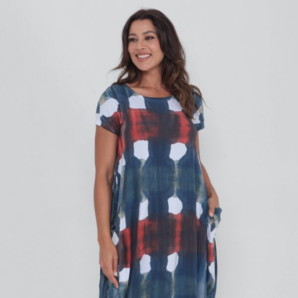 Vestido Em Malha Estampado Com Bolsos Mangas Curtas - Xadrez - Imagem 3