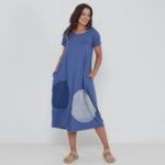 Vestido Em Malha Estampado Com Bolsos - Azul