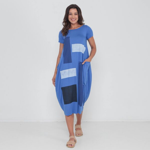 Vestido Em Malha Estampado Com Bolsos E Mangas Curtas - Azul - Imagem 1