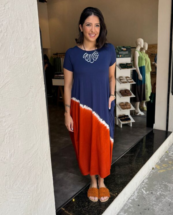 Vestido Em Malha Estampado Com Bolsos E Mangas Curtas - Bicolor - Imagem 1