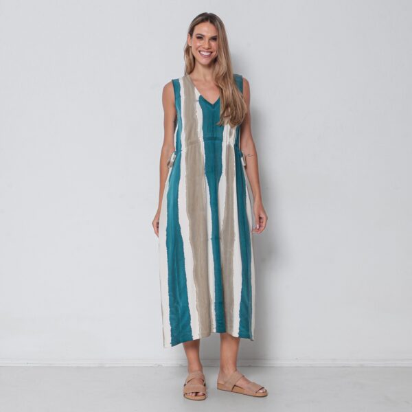 Vestido Em Malha Estampado Regata Com Bolsos E Decote V – Areia - Imagem 1