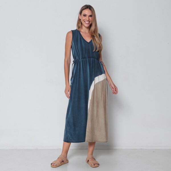 Vestido Em Malha Estampado Regata Com Bolsos E Decote V - Azul - Imagem 1