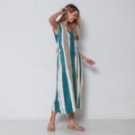 Vestido Em Malha Estampado Regata Com Bolsos E Decote V – Areia - Imagem 2