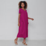 Vestido Liso em Malha Manga Curta Decote V - Fucsia