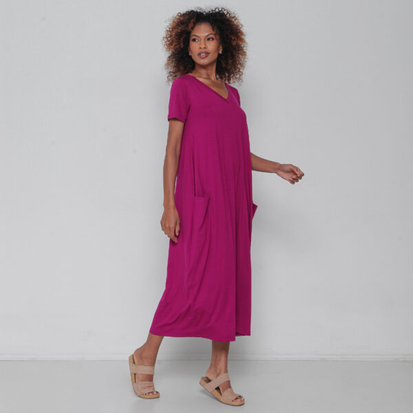 Vestido Liso em Malha Manga Curta Decote V - FUSCIA - Imagem 1