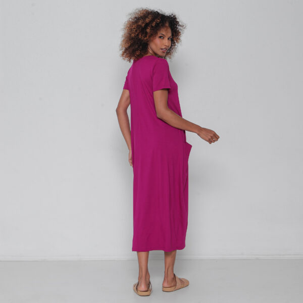 Vestido Liso em Malha Manga Curta Decote V - FUSCIA - Imagem 5