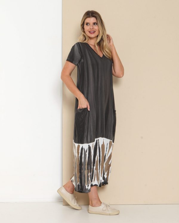 Vestido em Malha Decote V Estampado - Chumbo - Imagem 1