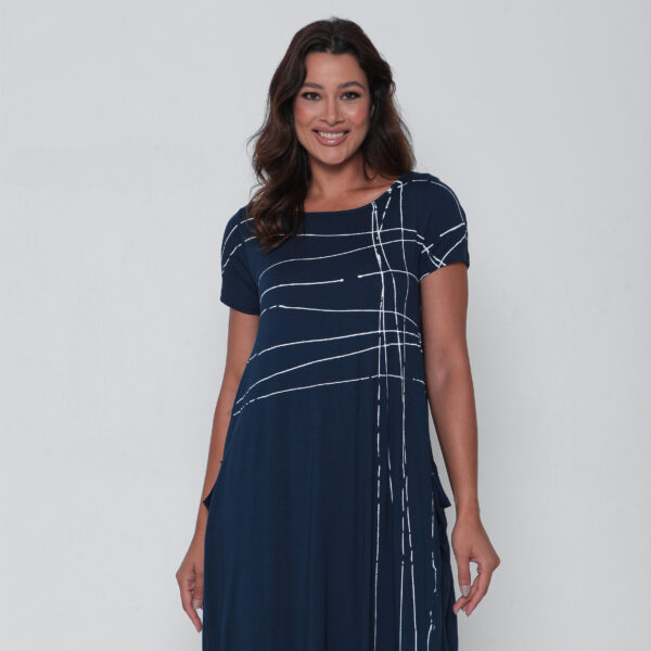 Vestido em Malha Manga Curta Estampado - Marinho - Imagem 2