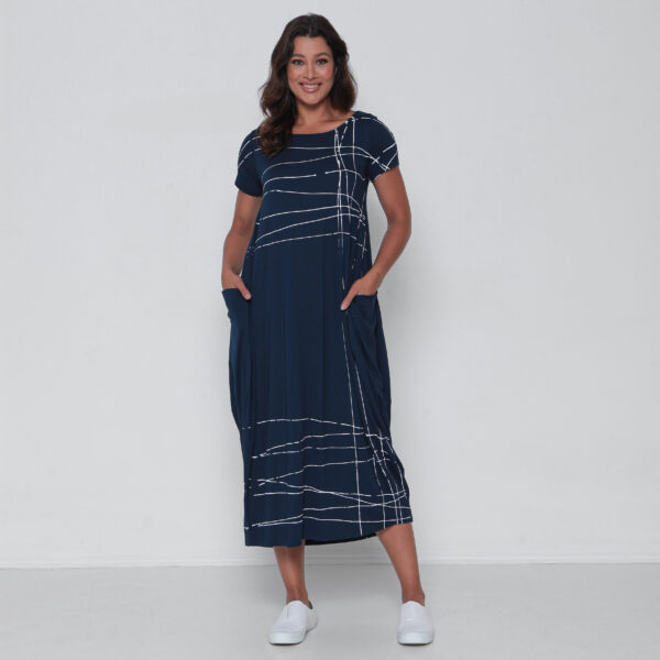 Vestido em Malha Manga Curta Estampado - Marinho - Imagem 1