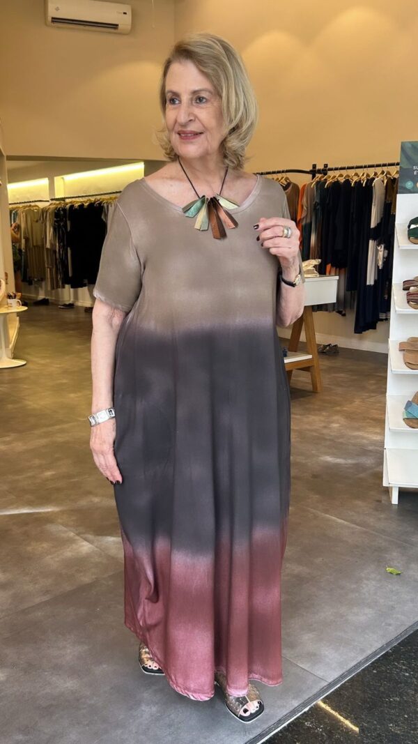 Vestido em Malha Manga Curta Estampado - Caqui - Imagem 1