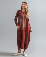 Vestido em Malha Estampado Manga Longa - Marrom