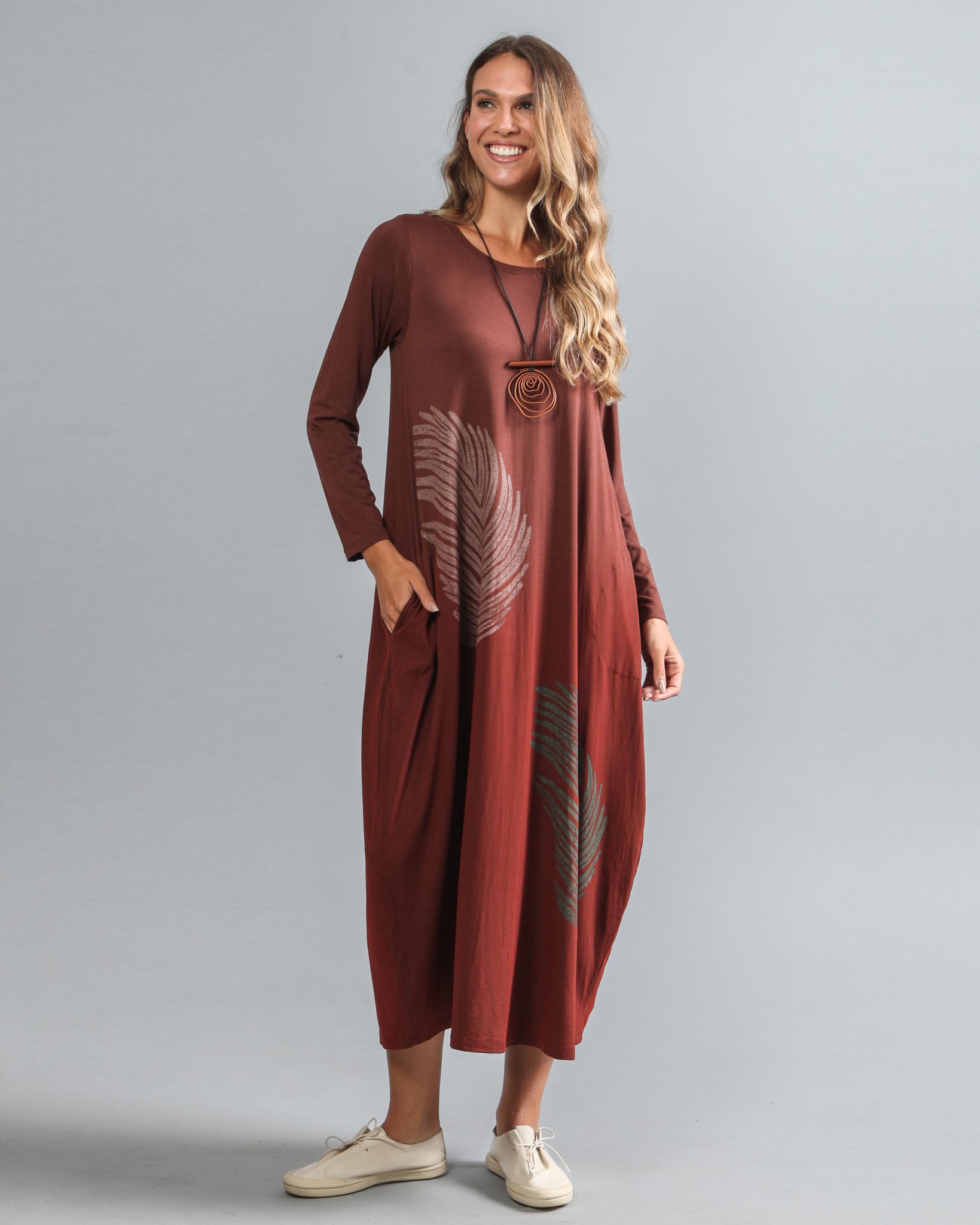 IMG_4175 Vestido em Malha Estampado Manga Longa - Marrom - Imagem 1