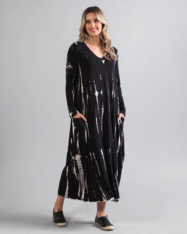 Vestido em Malha Manga Longa Estampado - Preto - Imagem 1