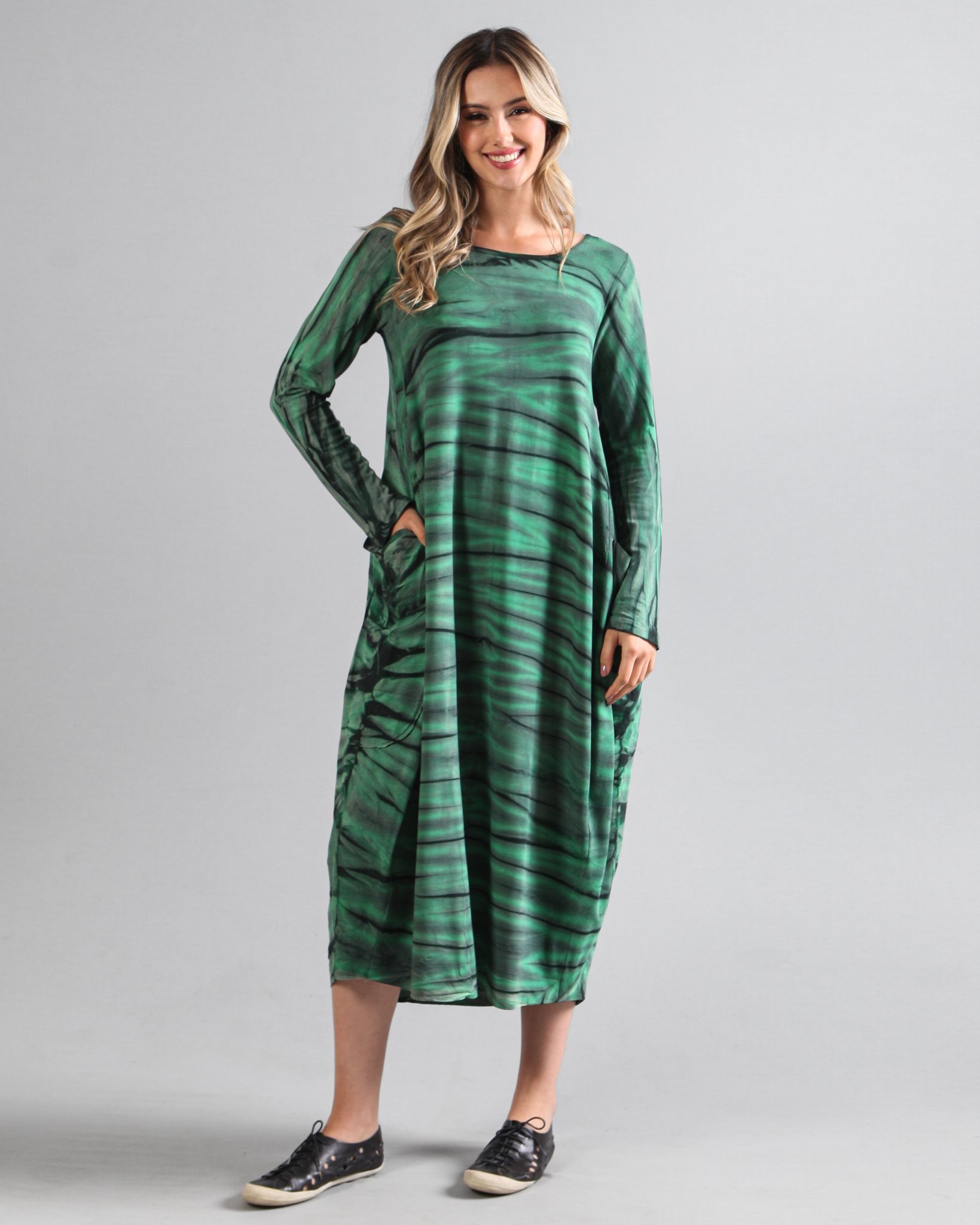 IMG_7052 Vestido em Malha Estampado Manga Longa - Verde - Imagem 1