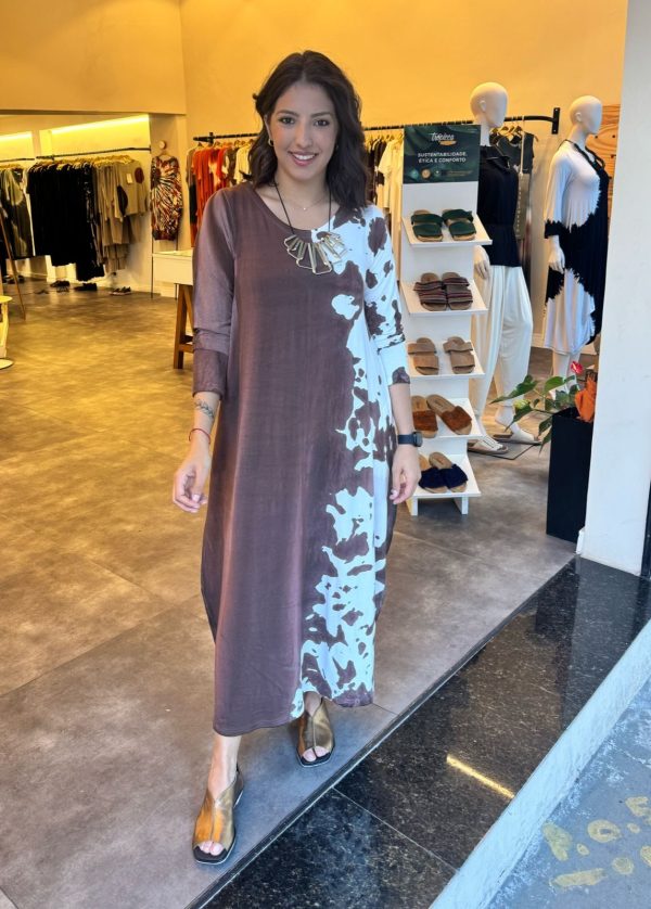 Vestido Manga Longa em Malha Estampado - Bicolor - Imagem 1
