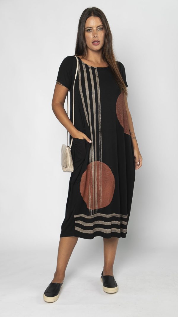 Vestido em Malha Manga Curta Preto - Estampado