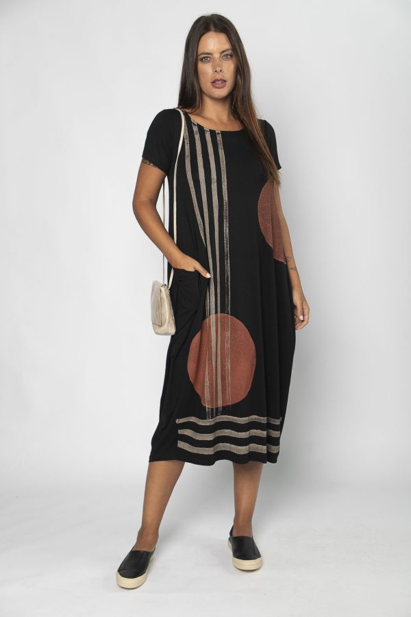 Vestido em Malha Manga Curta Preto - Estampado - Imagem 1