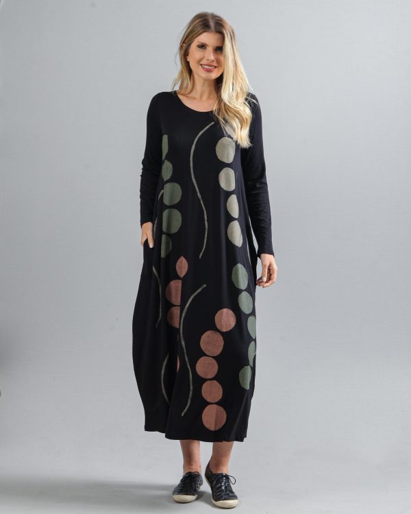 Vestido em Malha Estampado Manga Longa - Preto - Imagem 1