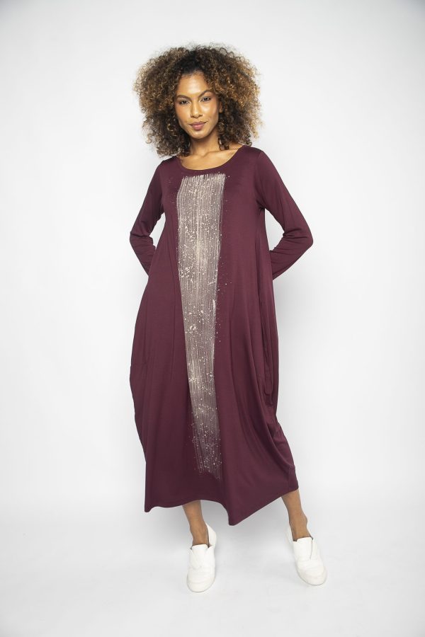 Vestido em Malha Manga Longa Estampado - Vinho - Imagem 1