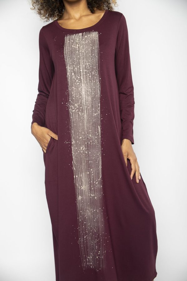 Vestido em Malha Manga Longa Estampado - Vinho - Imagem 2