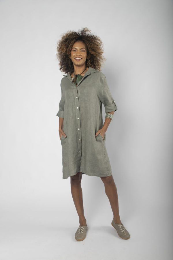 Vestido em Linho com Botões Madrepérola - Chumbo/Oliva - Imagem 6