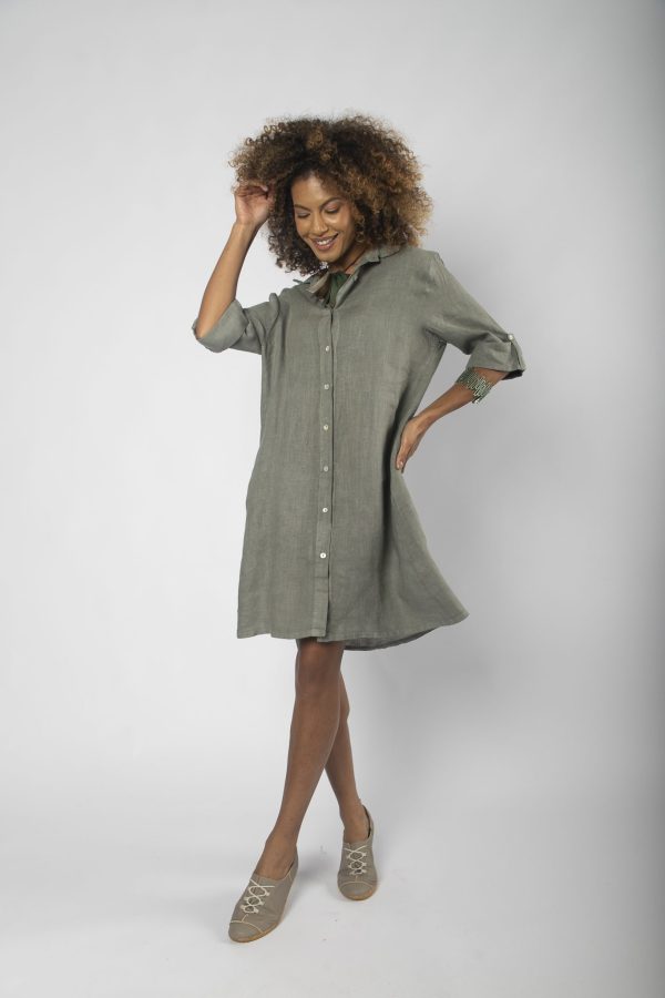 Vestido em Linho com Botões Madrepérola - Chumbo/Oliva - Imagem 8