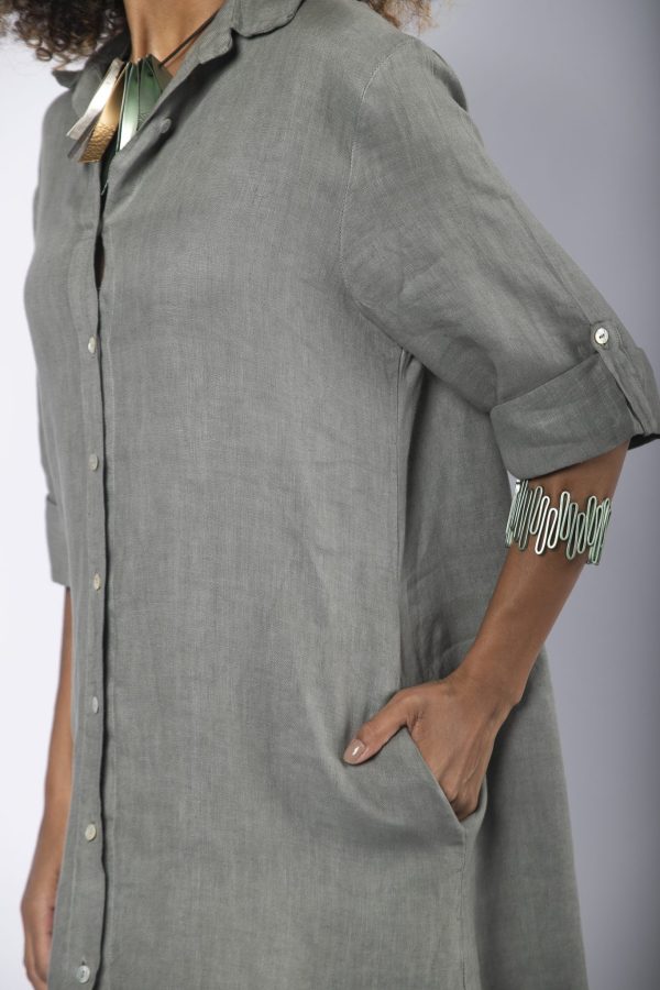 Vestido em Linho com Botões Madrepérola - Chumbo/Oliva - Imagem 7