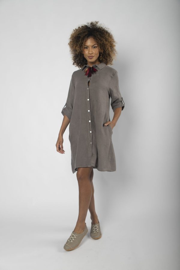 Vestido em Linho com Botões Madrepérola - Chumbo/Oliva - Imagem 1