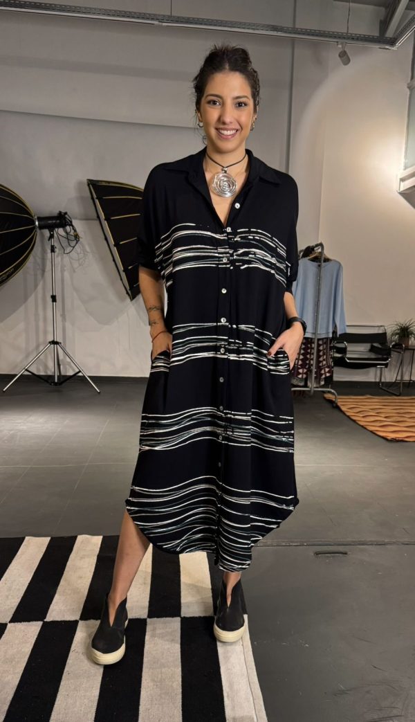 Vestido em Malha Estampado com Botões - Preto - Imagem 1