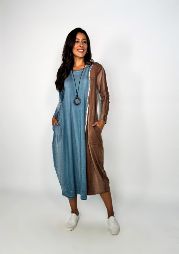 Vestido Estampado com Manga Longa em Malha - Bicolor - Imagem 1