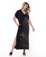 Vestido Fendas Com Manga Curta E Corte Em V - Estampado Preto