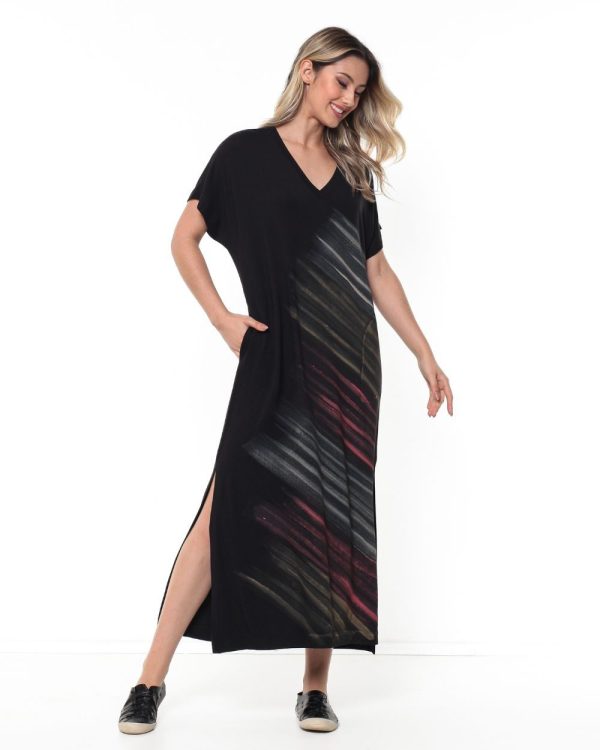 Vestido Fendas Com Manga Curta E Corte Em V - Estampado Preto - Imagem 1